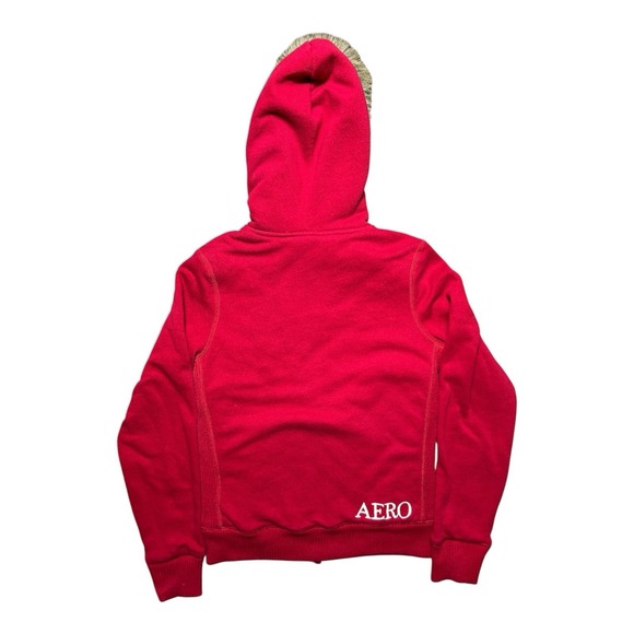 Aeropostale Womens Red Faux Fur Hood Zip Up Hoodie A87 Plaid Lined Medium - Picture 2 of 8